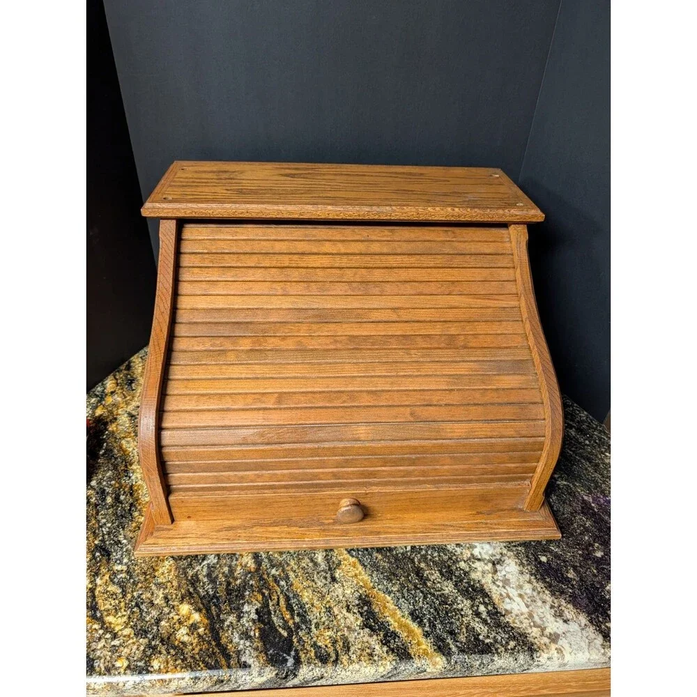 VTG Oak Roll Top Bread Box Country Kitchen Countertop Storage 19.75×17.25×12.5